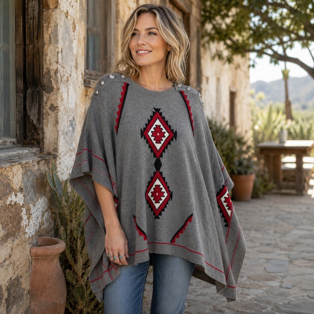 Roja Lambswool Angora Southwestern Poncho Gray‎ Aztec Concho Buttons L
